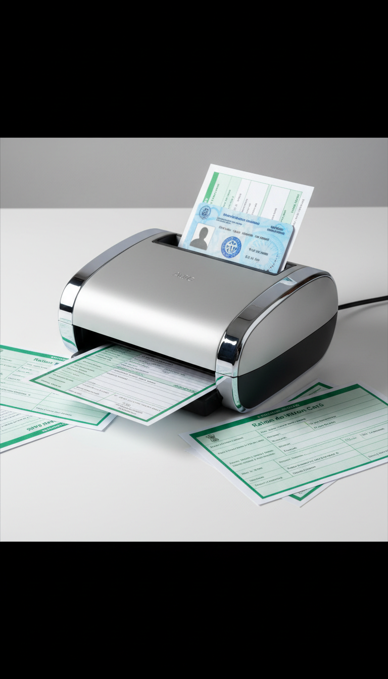 A close-up of a compact, high-speed document scanner with pearl-grey plastic housing and sleek chrome accents, positioned centrally on a pristine white table. Around the scanner, neatly stacked official forms and ID cards such as a non-branded Aadhaar-like card and blank ration card forms can be glimpsed, hinting at the variety of document services provided. The lighting is a clean overhead LED, creating sharp clarity without glare. The overall composition uses a subtle rule of thirds, emphasizing order and precision. The style is corporate and realistic, aligning with the professional aesthetic of a modern service business.