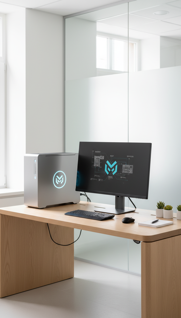 A sleek, modern computer workstation with a brushed aluminum desktop computer tower and a widescreen matte monitor, both featuring subtle brandless logos. The equipment is neatly organized on a smooth, pale oak desk with elegant cable management and minimal accessories. The environment is a well-lit, professional office space with clean white walls, frosted glass partitions in the background, and soft, diffused natural light from a nearby window creating subtle highlights and moderate shadow play on the surfaces. The mood is efficient, professional, and calm, with a balanced, eye-level composition and crisp photographic realism. This image perfectly encapsulates a trustworthy and contemporary computer service center.